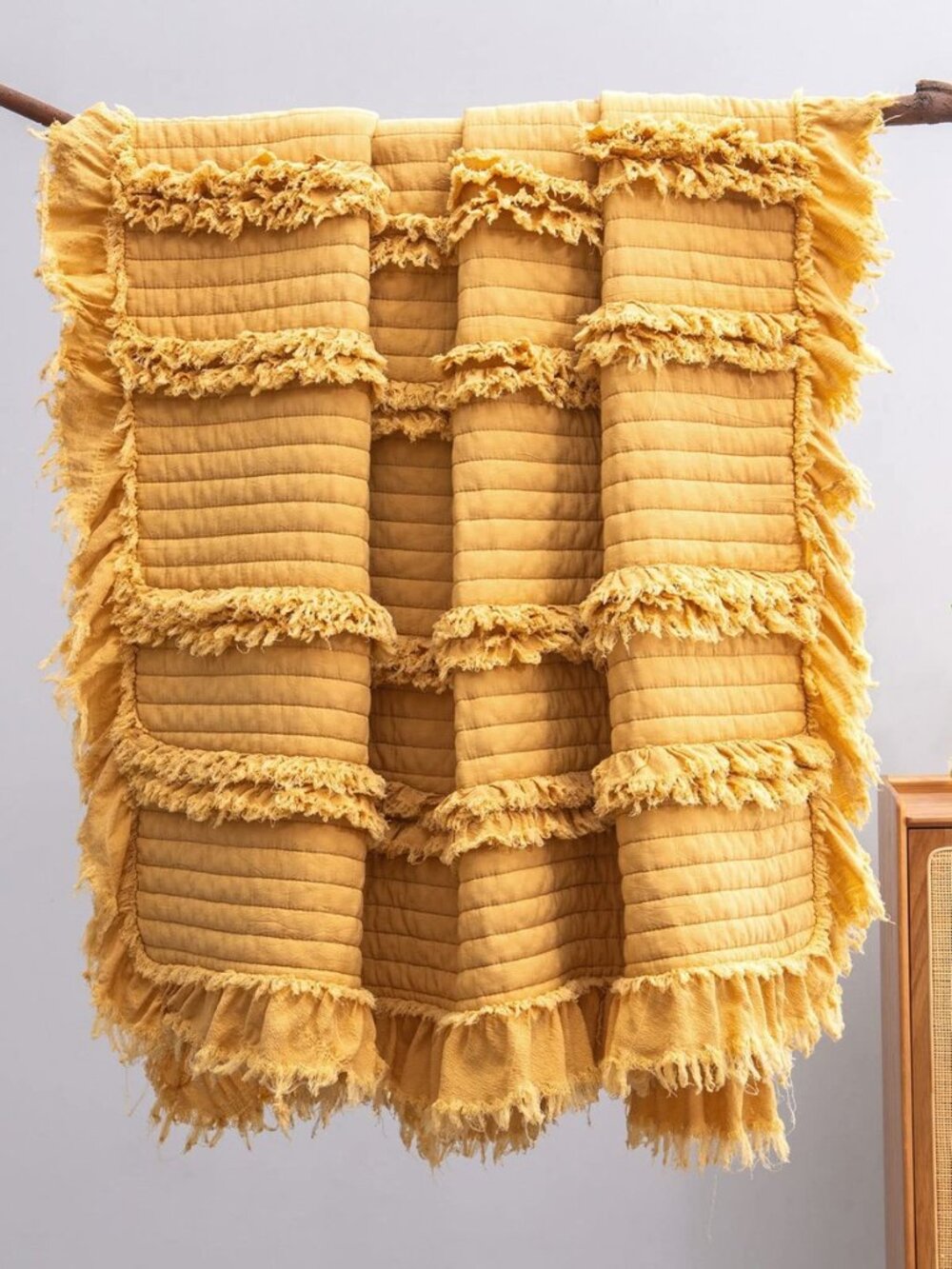 Ultra Soft Pre-Washed Warm Quilted Throw Blanket, Ruffle Fringed Yellow Boho